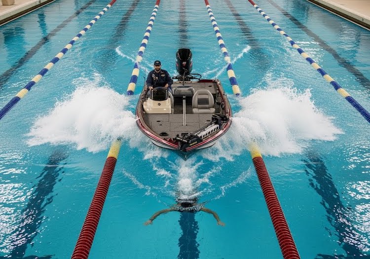 Fishing boat in a swimming pool taking over a swimmer