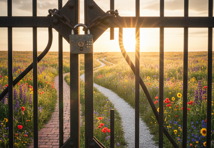 photo of Locked gate with a field and sunset on the other side