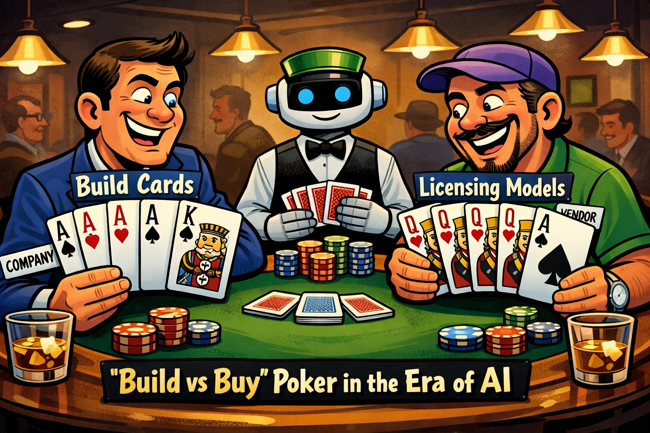 Cartoon of a Company and Vendor playing cards regarding Build vs Buy Decisions