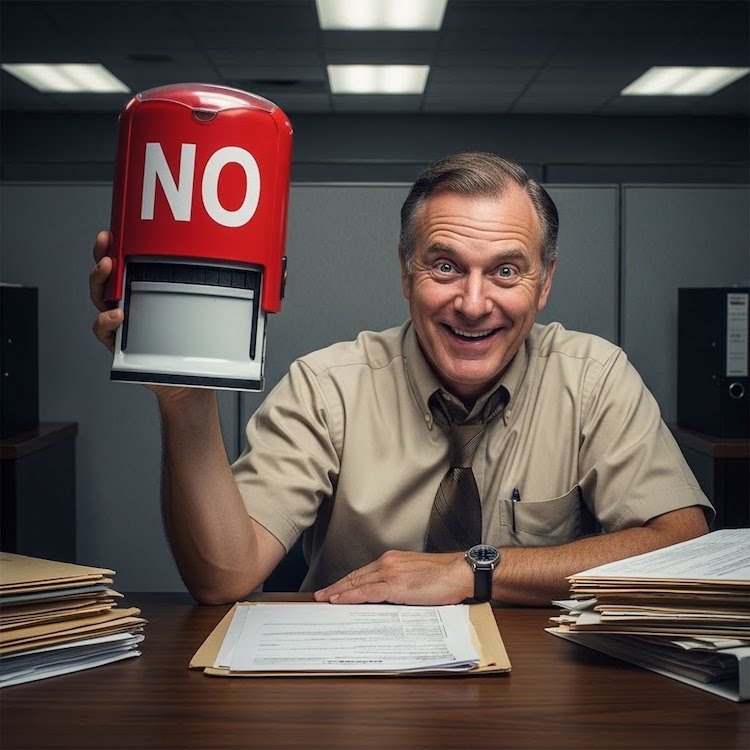 Man sitting at a desk holding an over-sized stamp with NO on it.