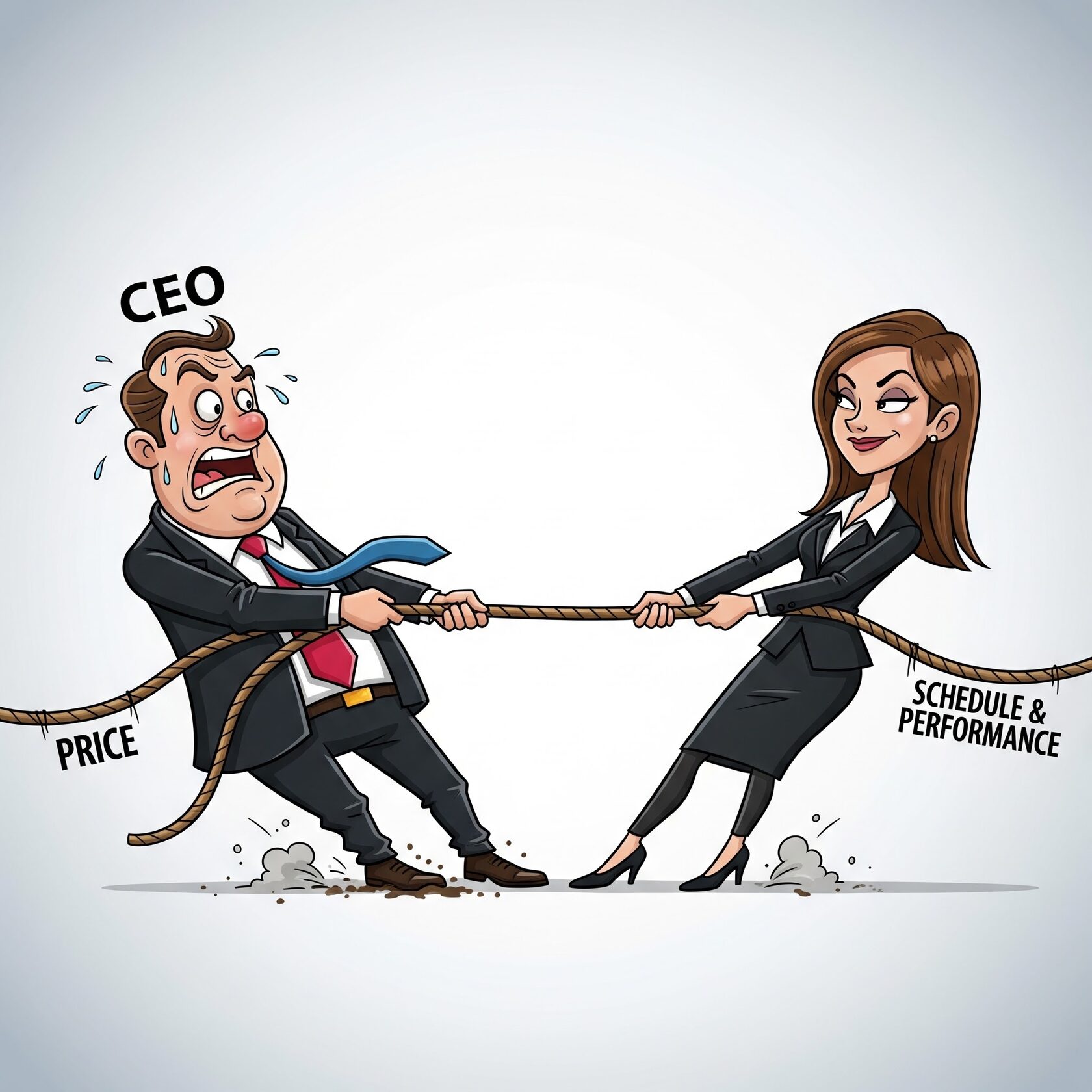 Cartoon of a boss and procurement manager in a tug of war over cost, schedule, and performance.