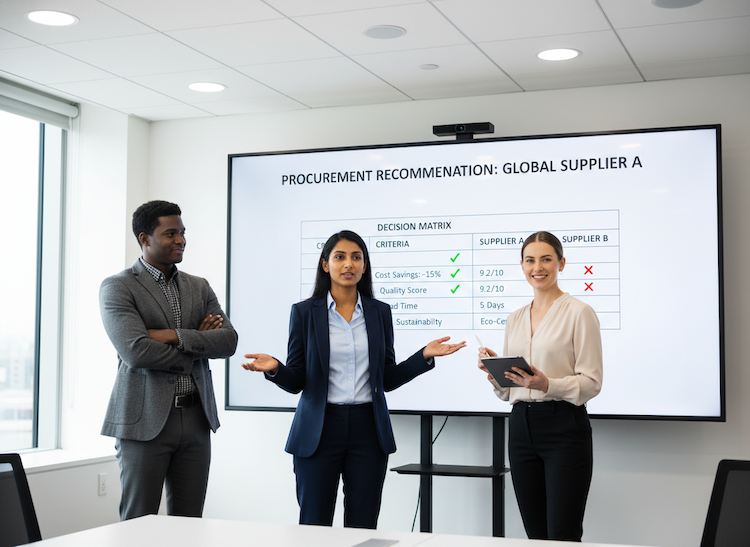 Conference room with woman standing asking why things are so difficult in front of a whiteboard