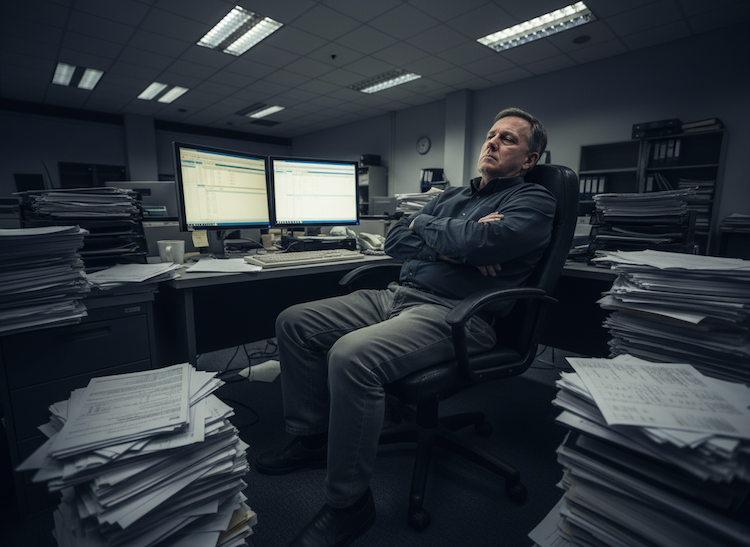 frustrated man sitting at a desk with computer monitors worn out from reviews