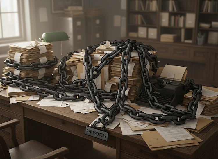 Desk full of proposals with chains and locks