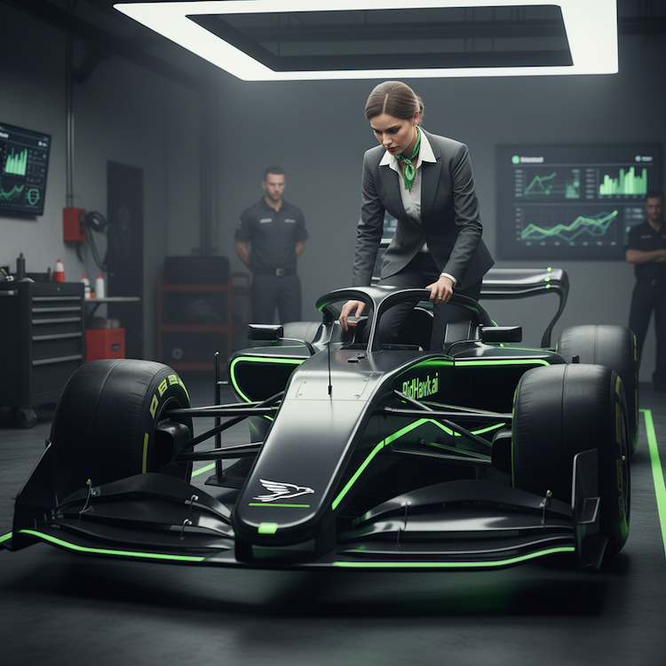 Woman getting into a race car with BidHawk logo