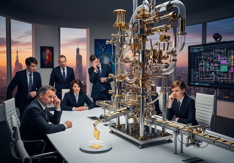 Group of people in an office with a complex machine on the desk