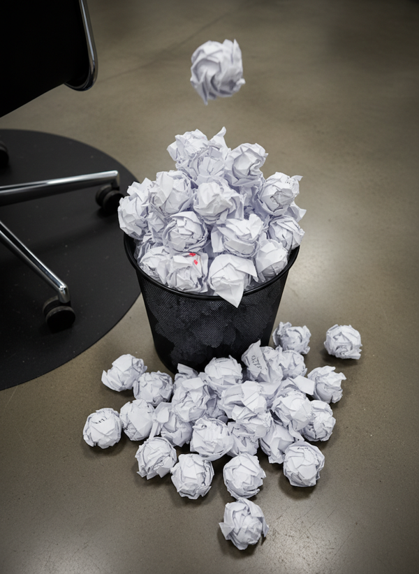 Crumpled paper in a trash can