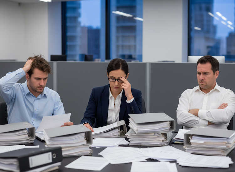 Proposal team review by three people in a working space with piles of paper