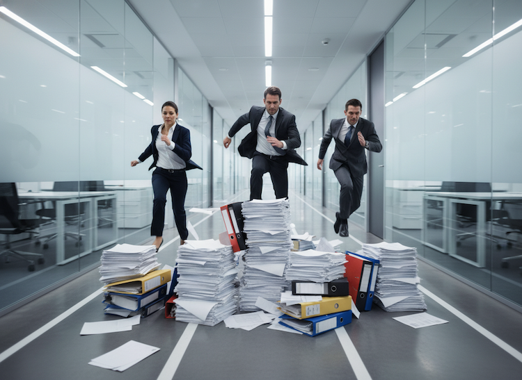 People running and jumping over stacks of proposals