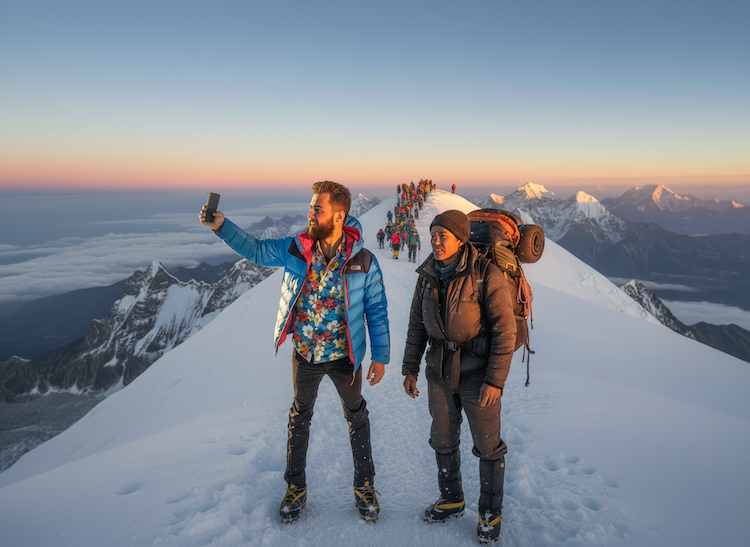 Man taking selfie at the top of a mountain with Sherpa