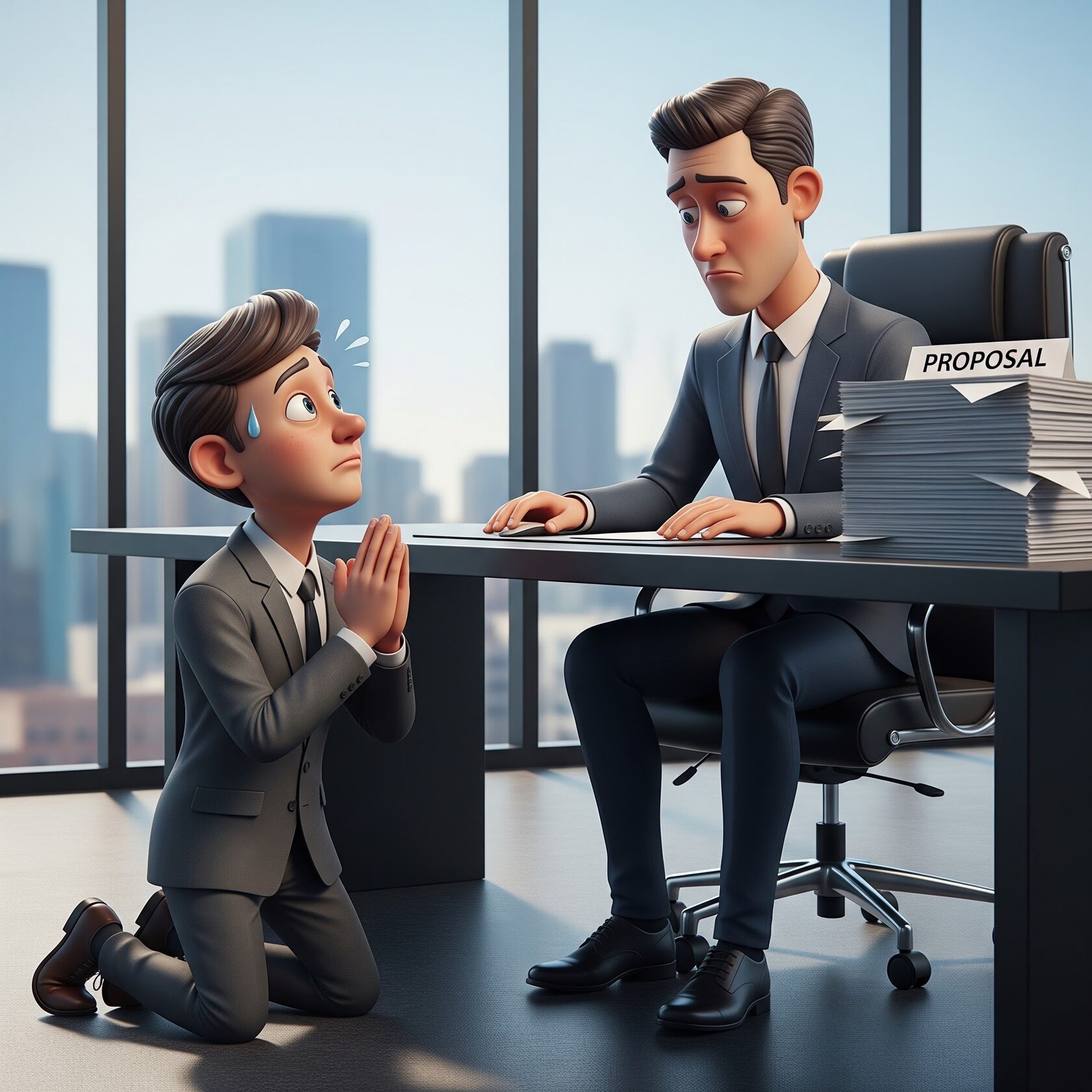 Cartoon of a vendor on their knees pleading for feedback on their proposal