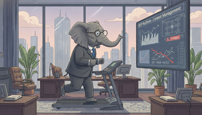 Cartoon Elephant running on a Tredmill looking at a monitor of modern RFP platform