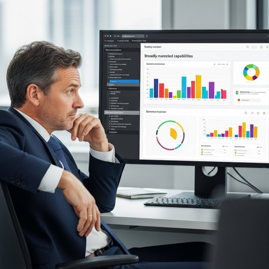 Business professional analyzing procurement data on computer screen
